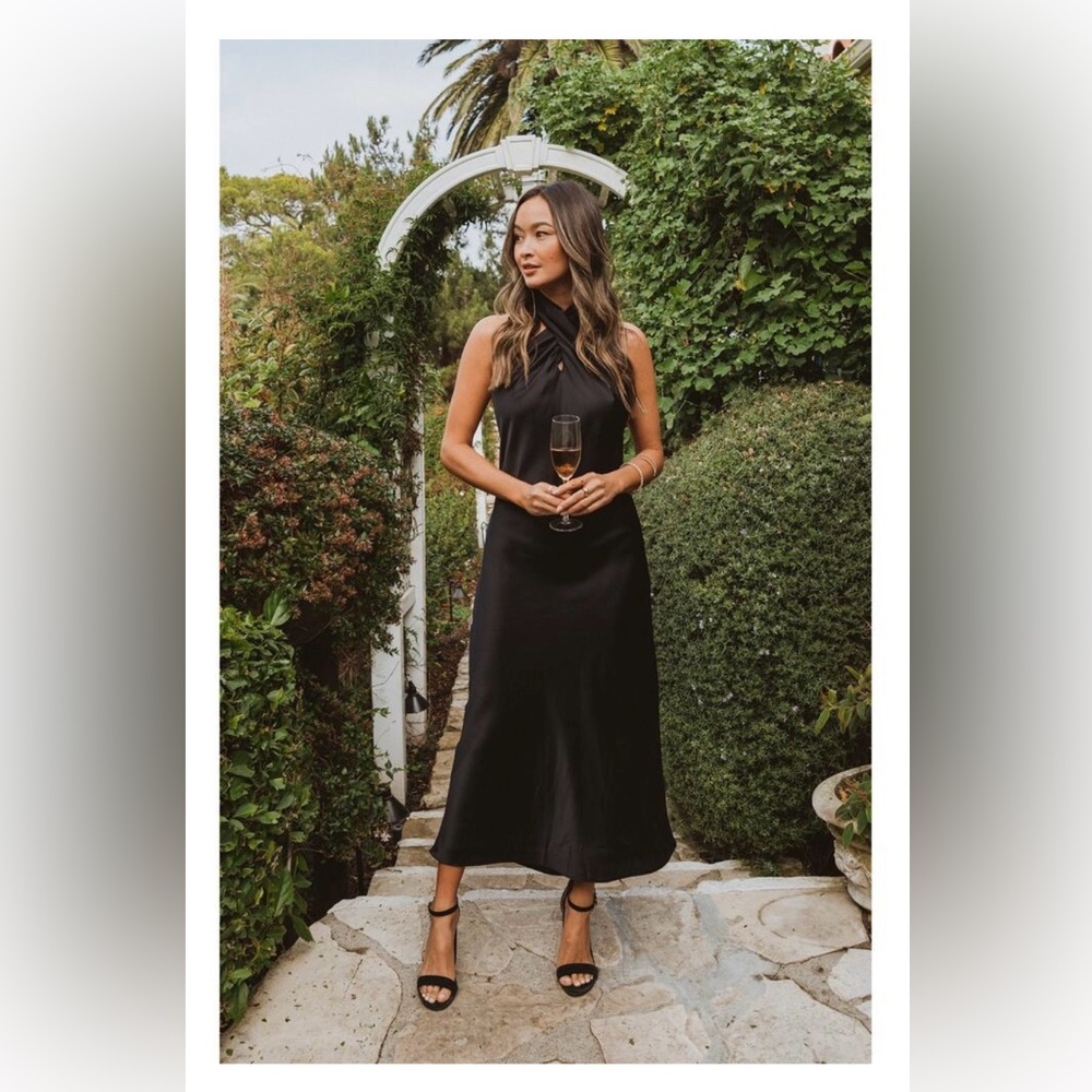 Show Me Your Mumu Jasmine Halter MIDI Dress Black Luxe Satin M